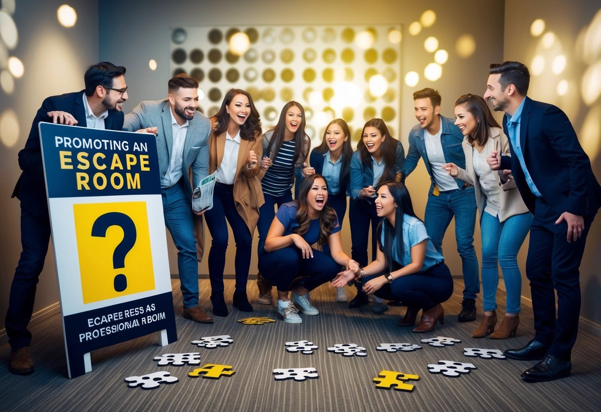A group of people eagerly gather around a sign promoting an escape room, with question marks and puzzle pieces scattered around