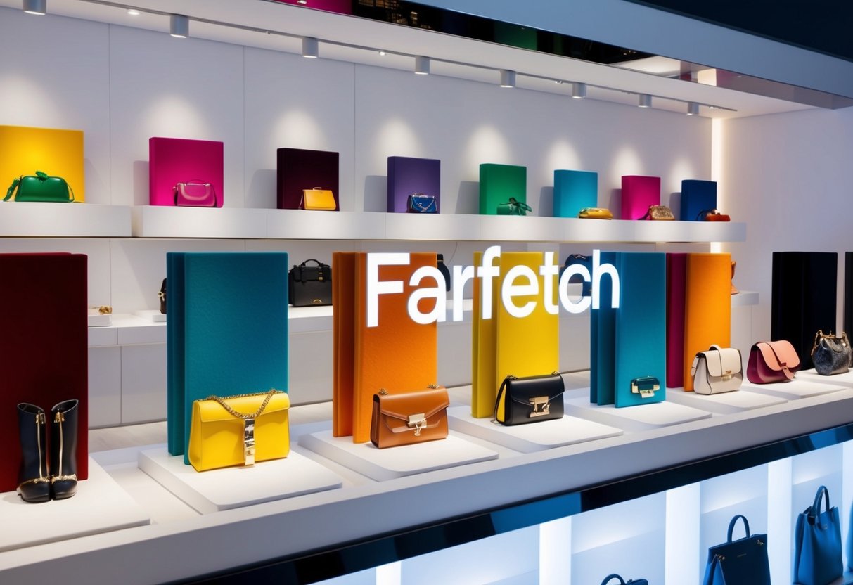 A colorful array of luxury products displayed on a sleek, modern website with the "farfetch" logo prominently featured