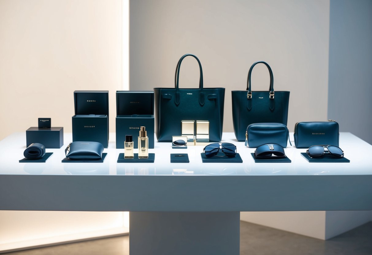 A display of high-end accessories arranged on a sleek, modern table with soft lighting and a clean, minimalist backdrop