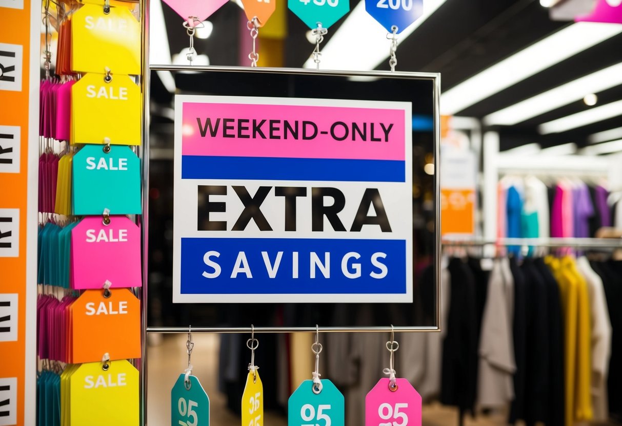 A vibrant display of sale tags and colorful banners at a Farfetch store, with a prominent "Weekend-Only Extra Savings" promotion