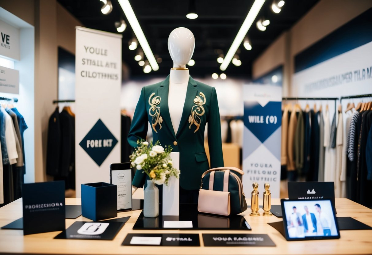 A stylish mannequin display with personalized clothing and accessories, surrounded by promotional signage and branding materials