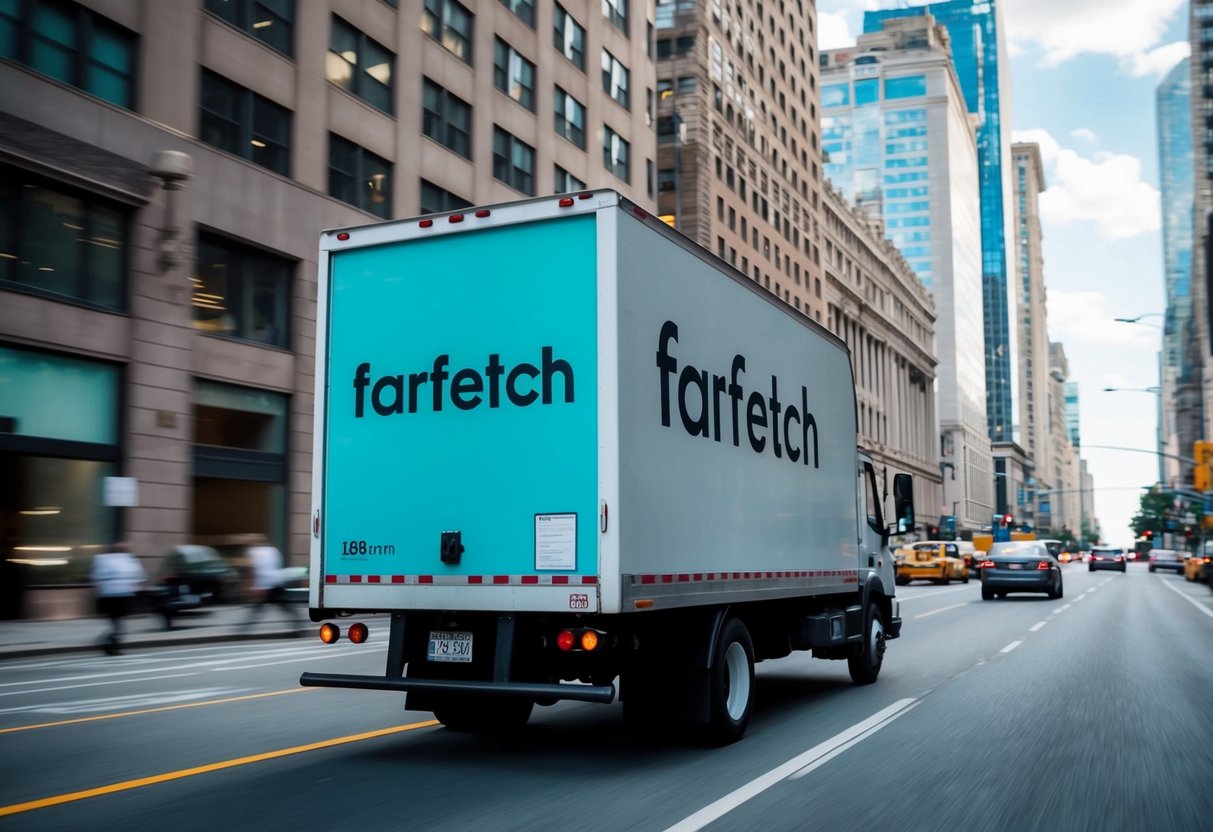 A delivery truck with the Farfetch logo speeds through a city street, passing by tall buildings and bustling with activity