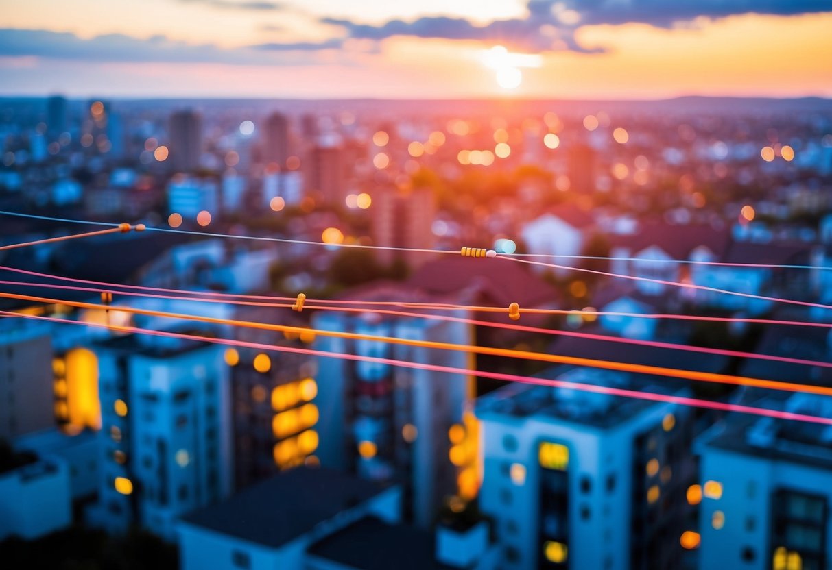 A vibrant cityscape with buildings and homes connected by high-speed fibre broadband lines