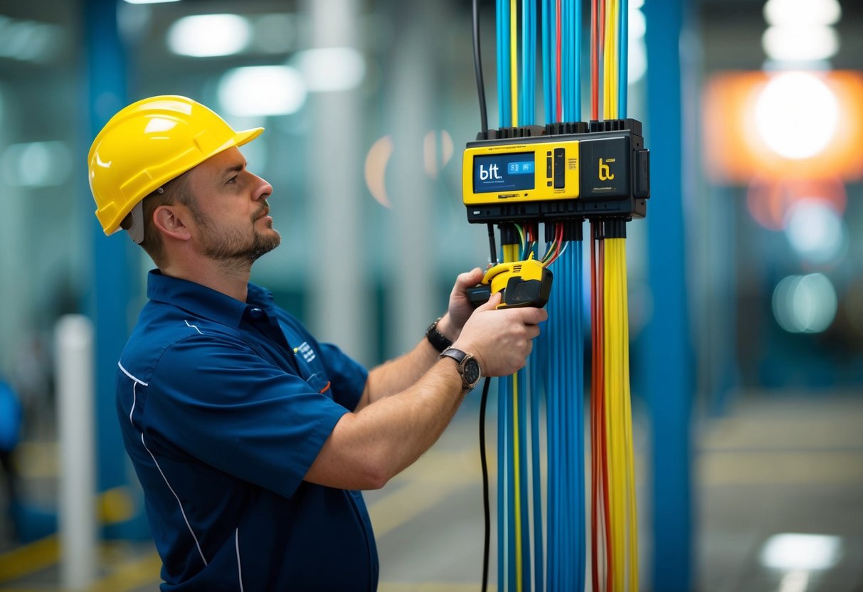 A technician installs superfast fibre cables for BT broadband promotions