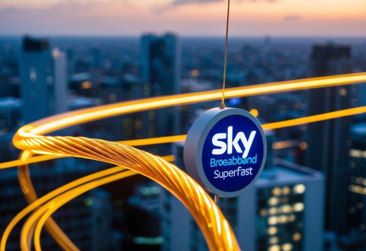A glowing fiber optic cable winds through a cityscape, connecting to various buildings with the Sky Broadband Superfast logo prominently displayed