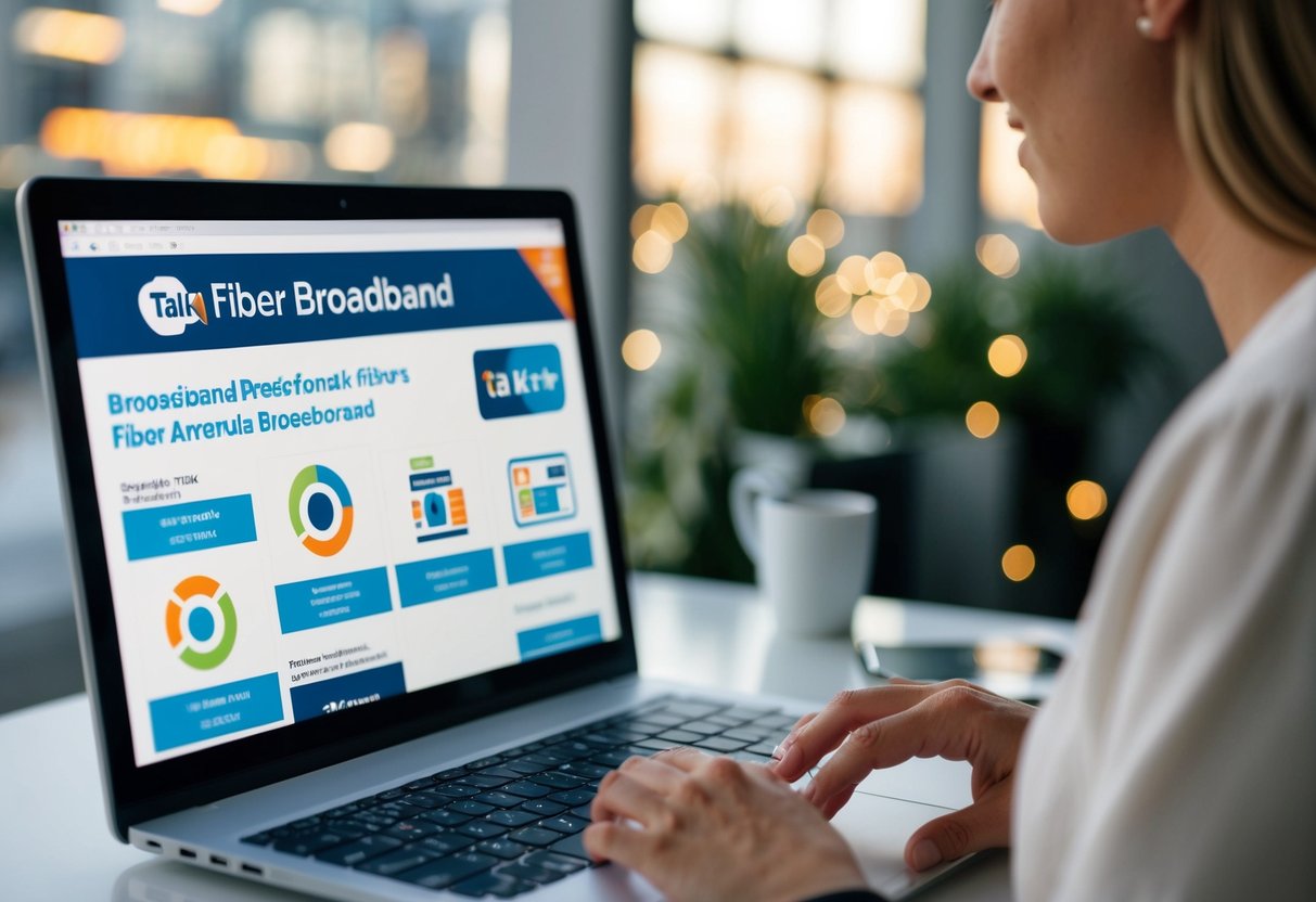 A computer screen displaying various fiber broadband promotions with the TalkTalk logo and colorful graphics