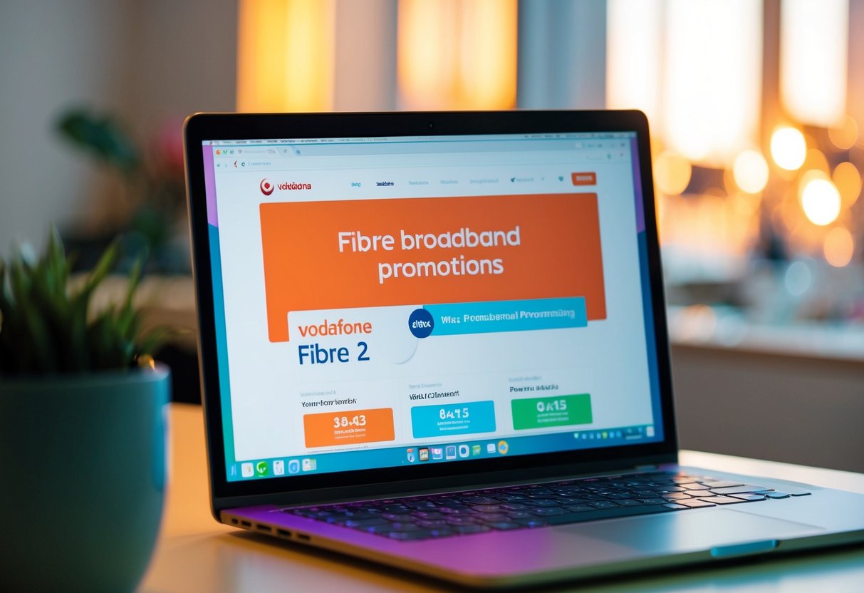 A brightly colored computer screen displaying Vodafone's Fibre 2 offer with a prominent "fibre broadband promotions" banner