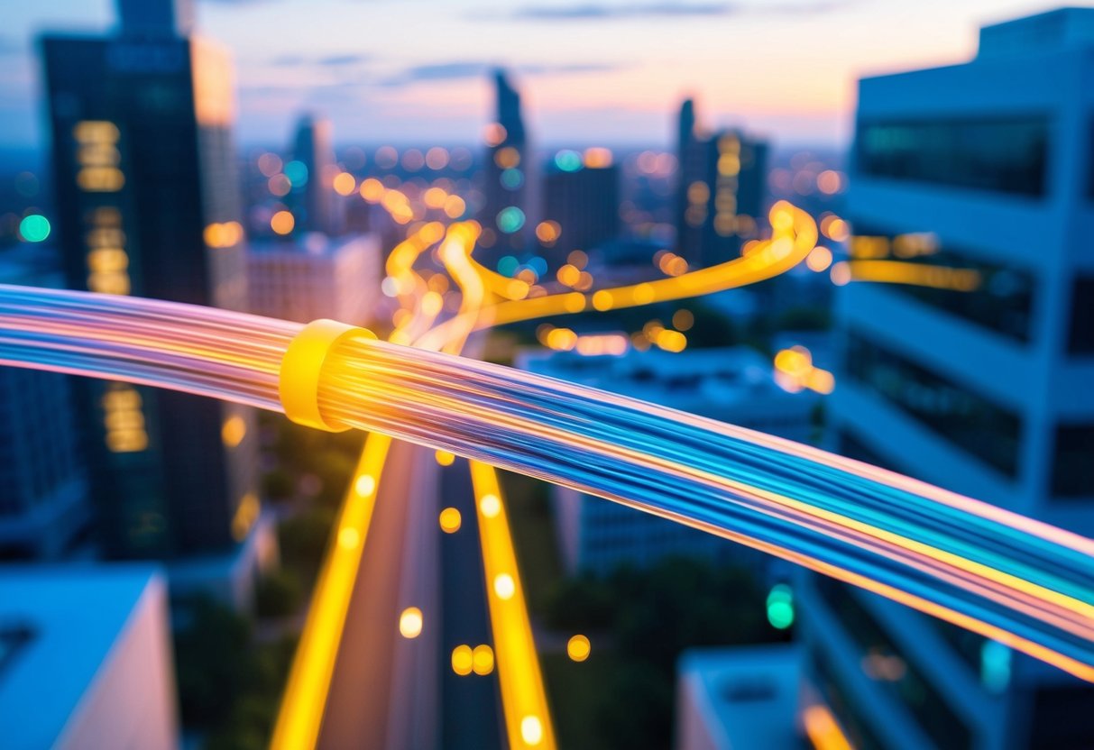 A glowing fiber optic cable winding through a futuristic cityscape, with buildings and streets illuminated by the high-speed internet connection