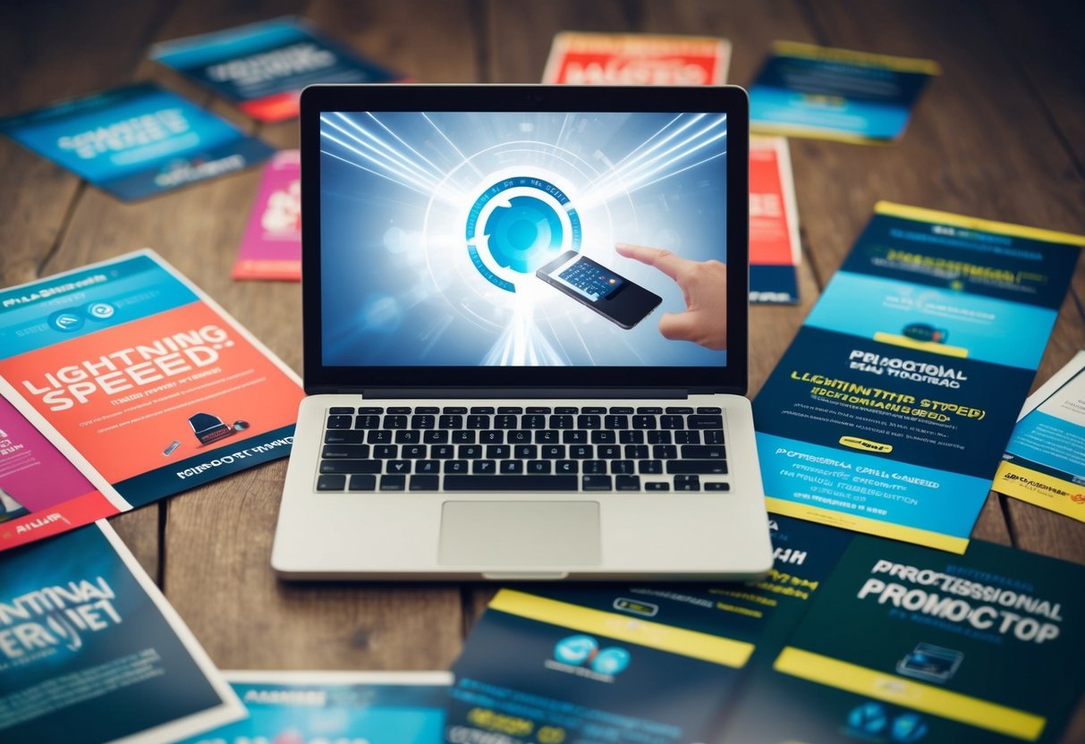A laptop with lightning speed internet connection surrounded by promotional banners and flyers