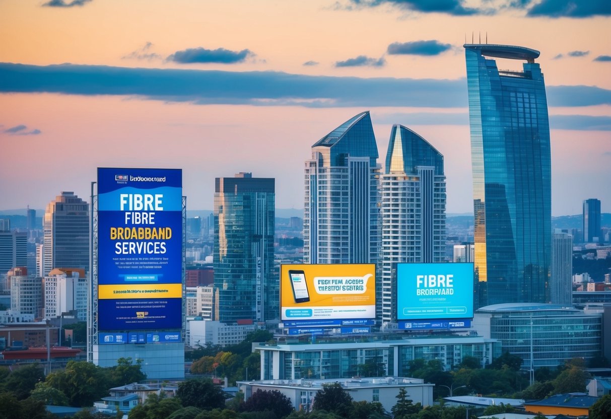 A vibrant cityscape with high-rise buildings and colorful billboards promoting fibre broadband services