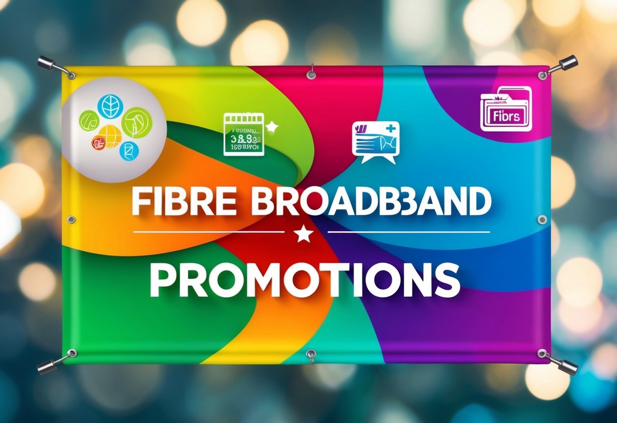 A colorful banner displaying "Fibre Broadband Promotions" with vibrant graphics and icons