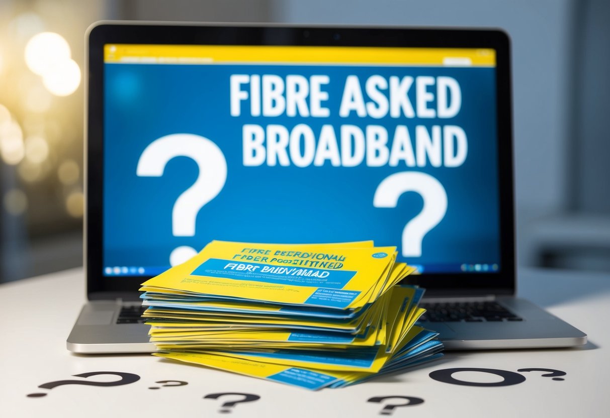 A stack of promotional flyers for fibre broadband, surrounded by question marks and a computer screen displaying "Frequently Asked Questions."