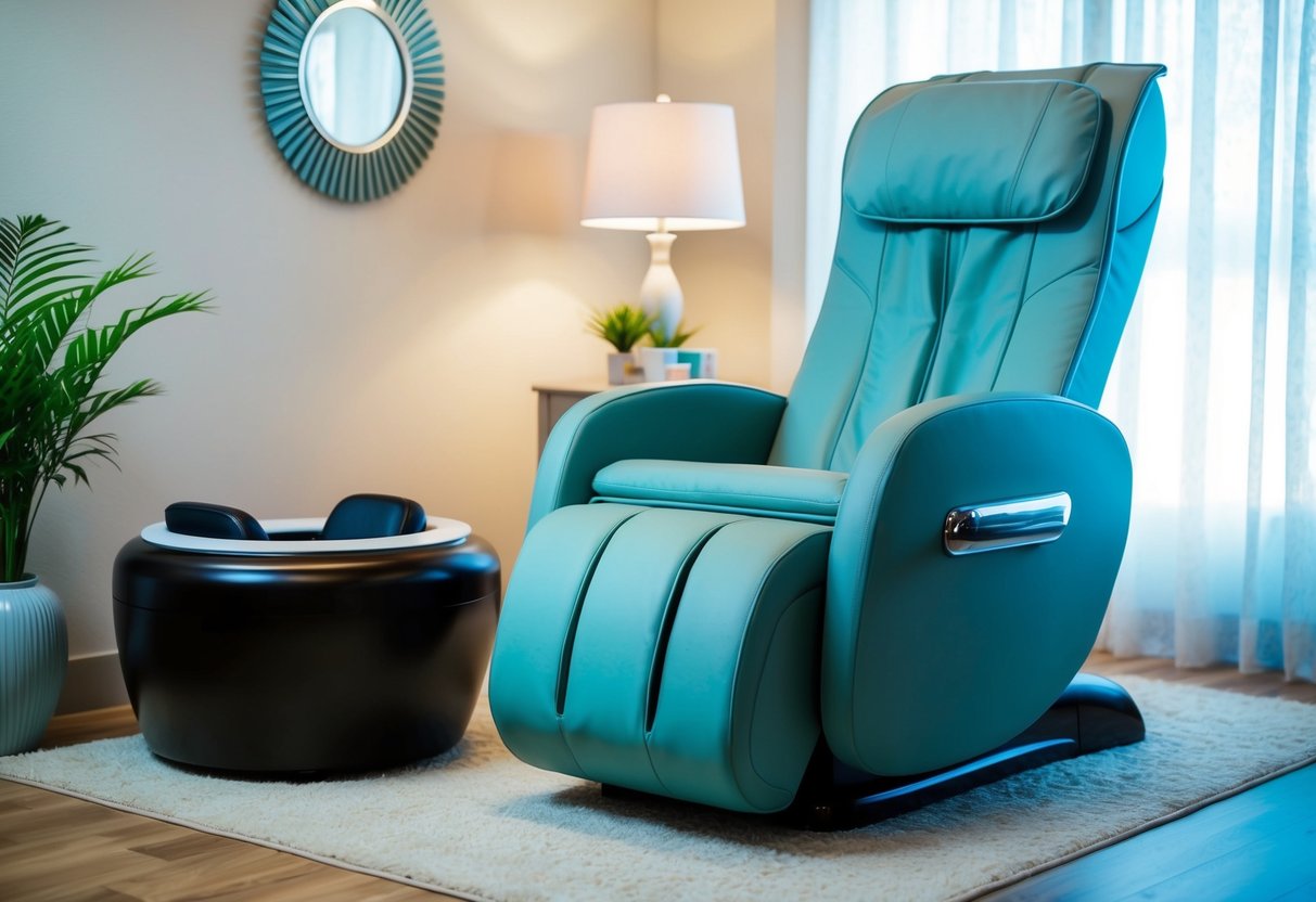 A serene setting with a reclining chair, soft lighting, and a foot massage station surrounded by soothing decor