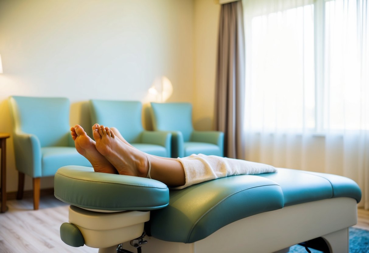 A serene, sunlit room with comfortable chairs and soft lighting, featuring a relaxing foot reflexology session at Happy Feet Reflexology