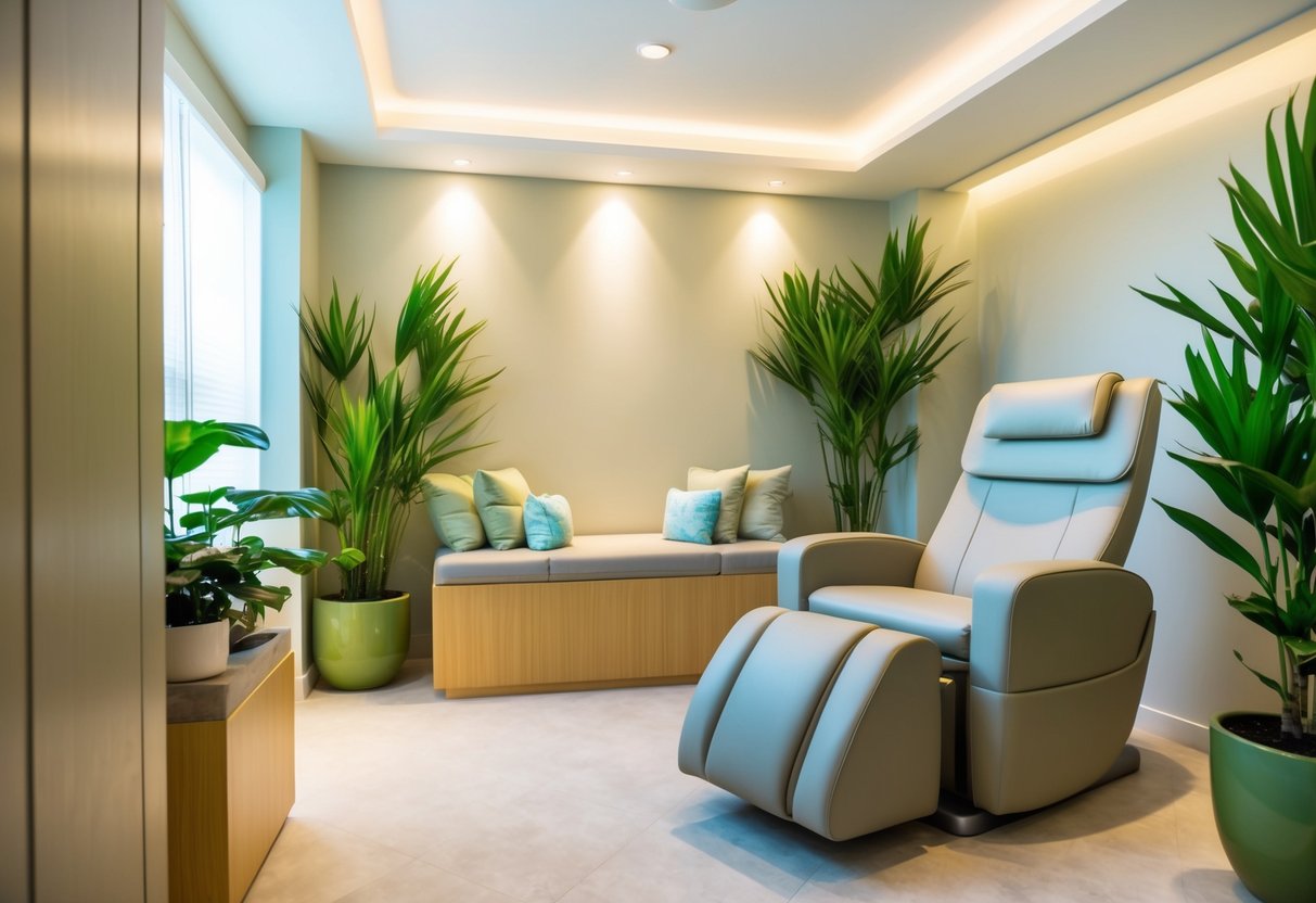 A serene spa room with soft lighting and a comfortable reclining chair, surrounded by lush green plants and calming decor