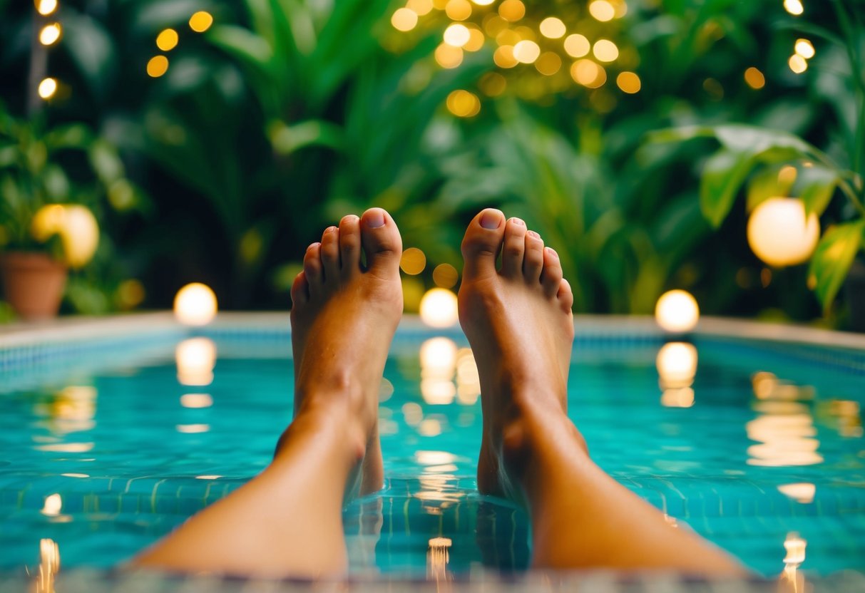 A pair of feet soaking in a tranquil pool, surrounded by lush greenery and soft, glowing lights