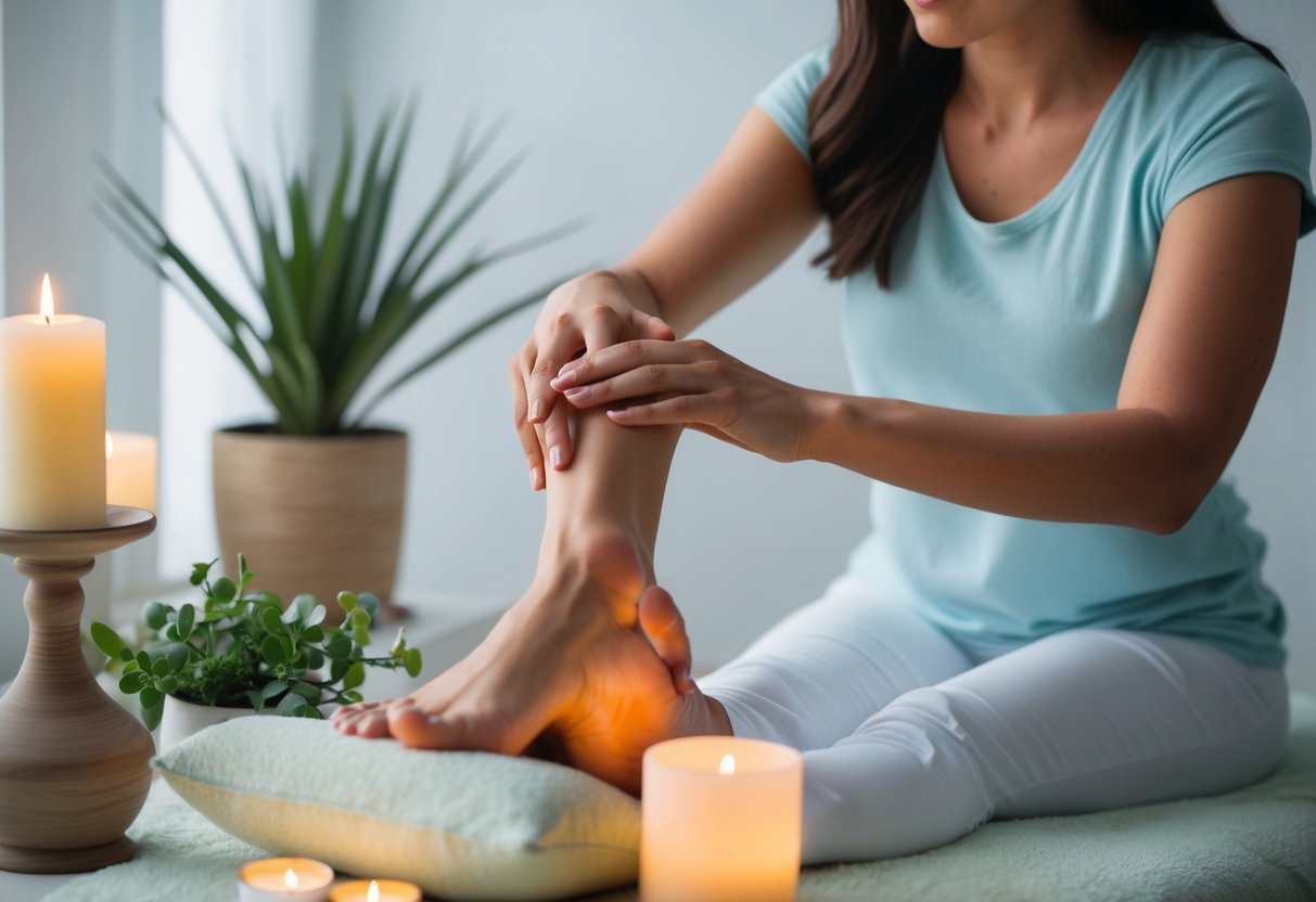 A person receiving foot reflexology with a serene expression, surrounded by calming elements like candles, plants, and soft lighting