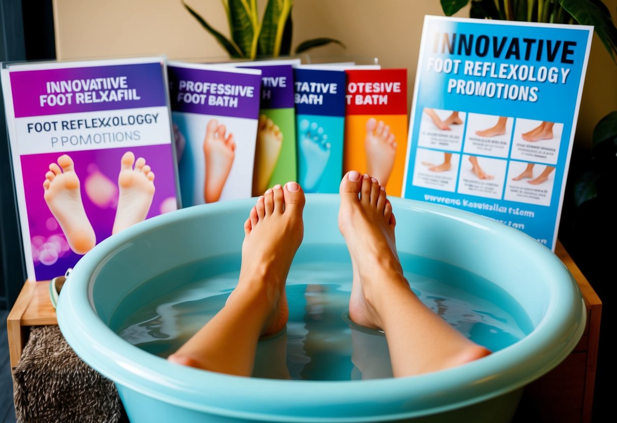 A pair of feet soaking in a relaxing foot bath, surrounded by colorful promotional materials and a sign advertising innovative foot reflexology promotions
