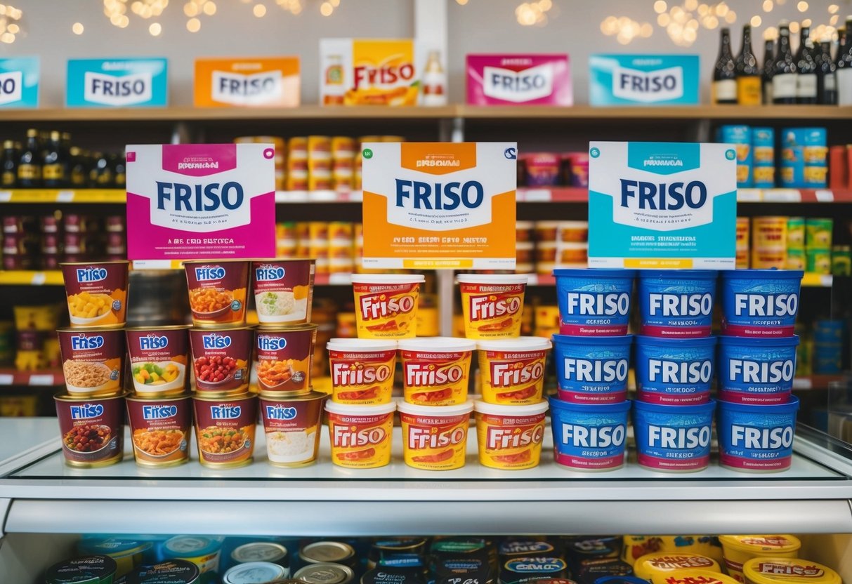 A colorful display of Friso products arranged on shelves with promotional signage