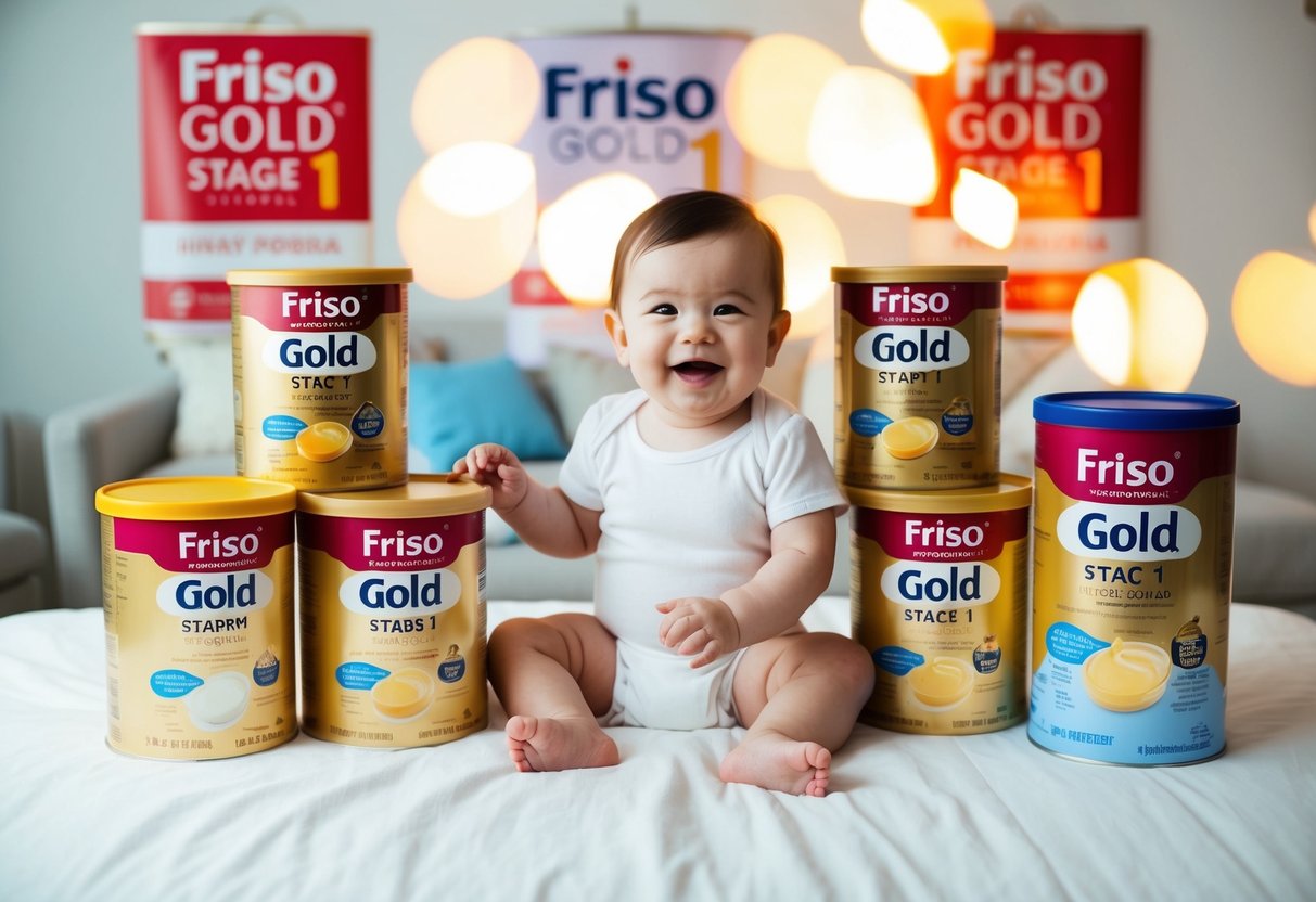 A happy baby surrounded by Friso Gold Stage 1 Infant Formula products with promotional banners and logos