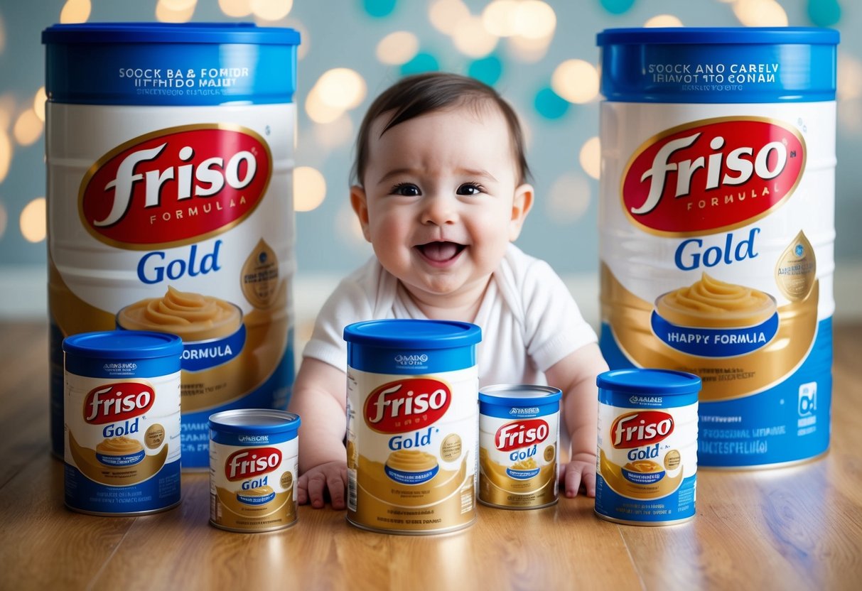 A happy baby surrounded by Friso Gold Stage 2 formula cans and promotional materials