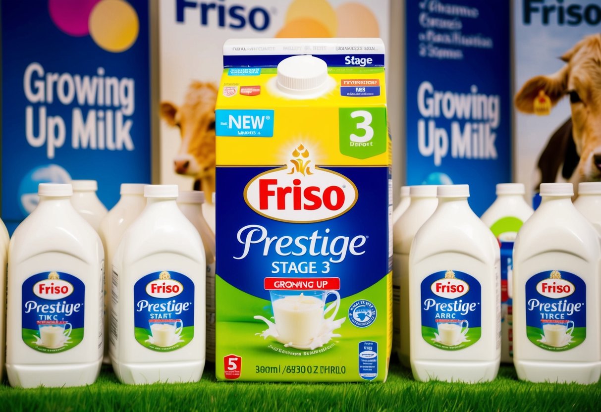 A colorful display of Friso Prestige Stage 3 Growing Up Milk surrounded by promotional banners and signs