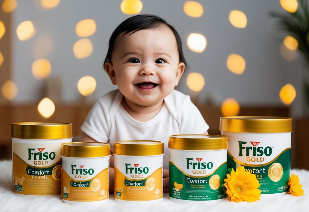 A cheerful baby surrounded by Friso Gold Comfort Formula products and promotional materials