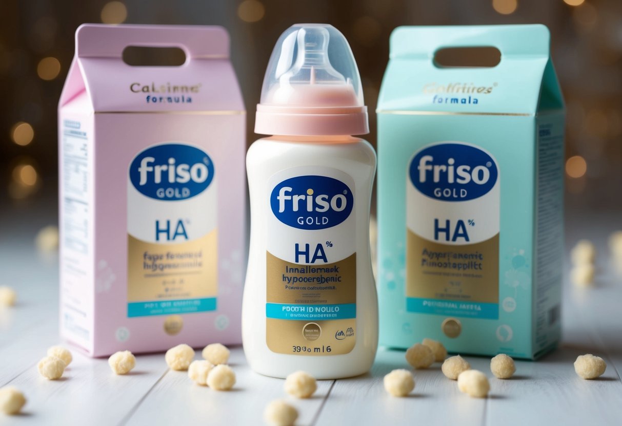 A baby bottle surrounded by soft, pastel-colored packaging with the Friso Gold HA Hypoallergenic Formula logo displayed prominently