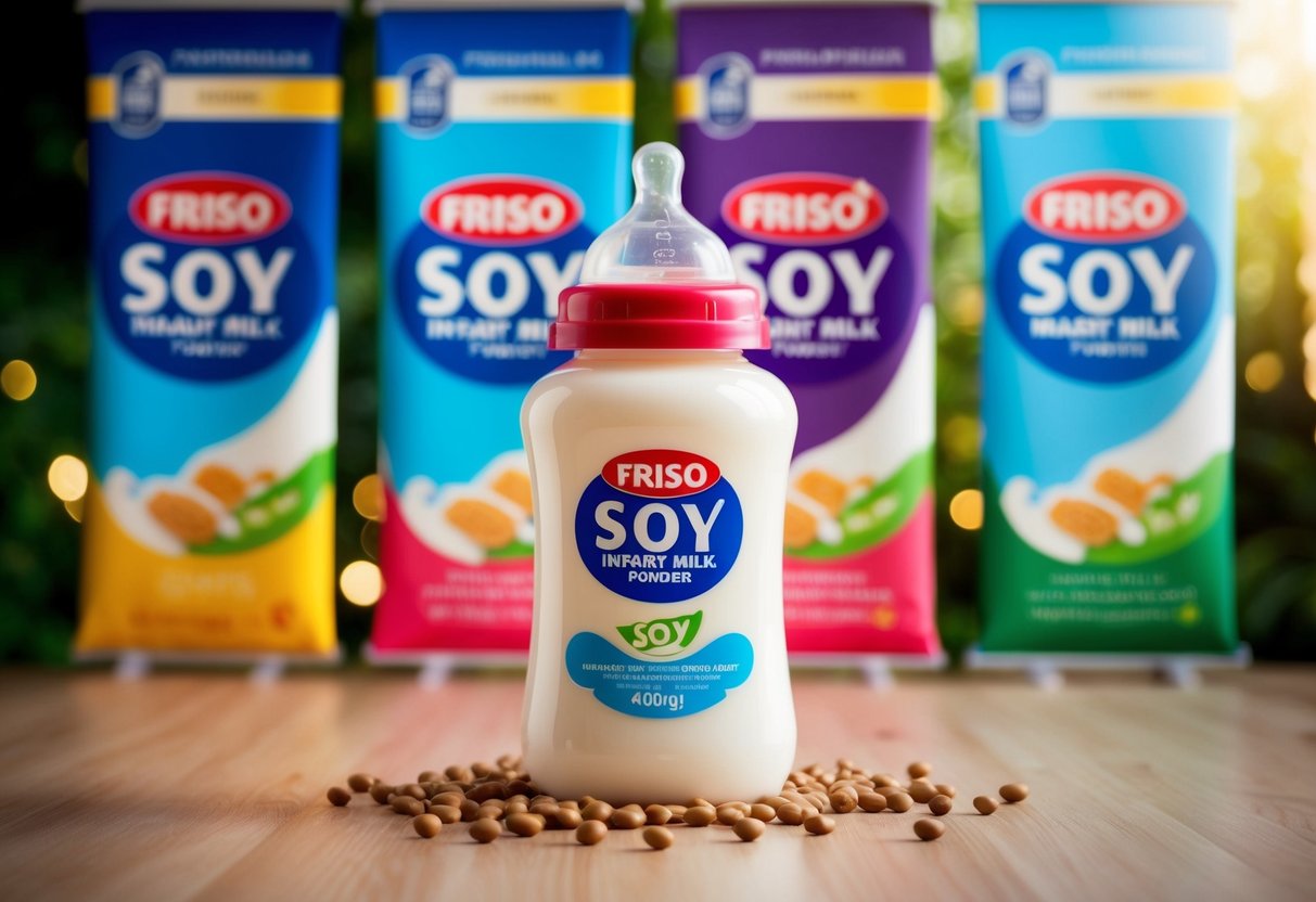 A smiling baby bottle surrounded by colorful promotional banners for Friso Soy Infant Milk Powder