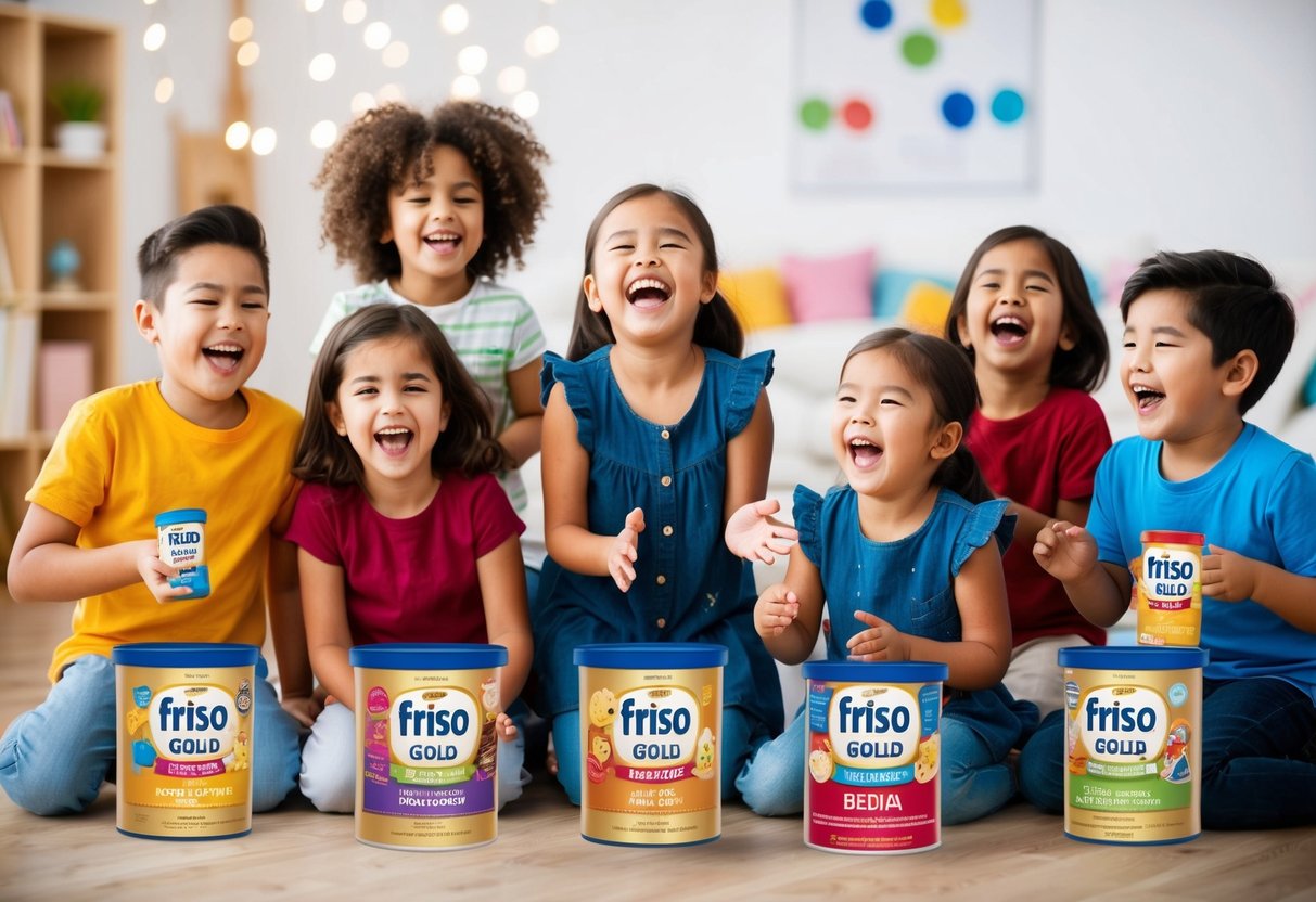 A joyful group of children playing and laughing while surrounded by Friso Gold Pedia products and promotional materials