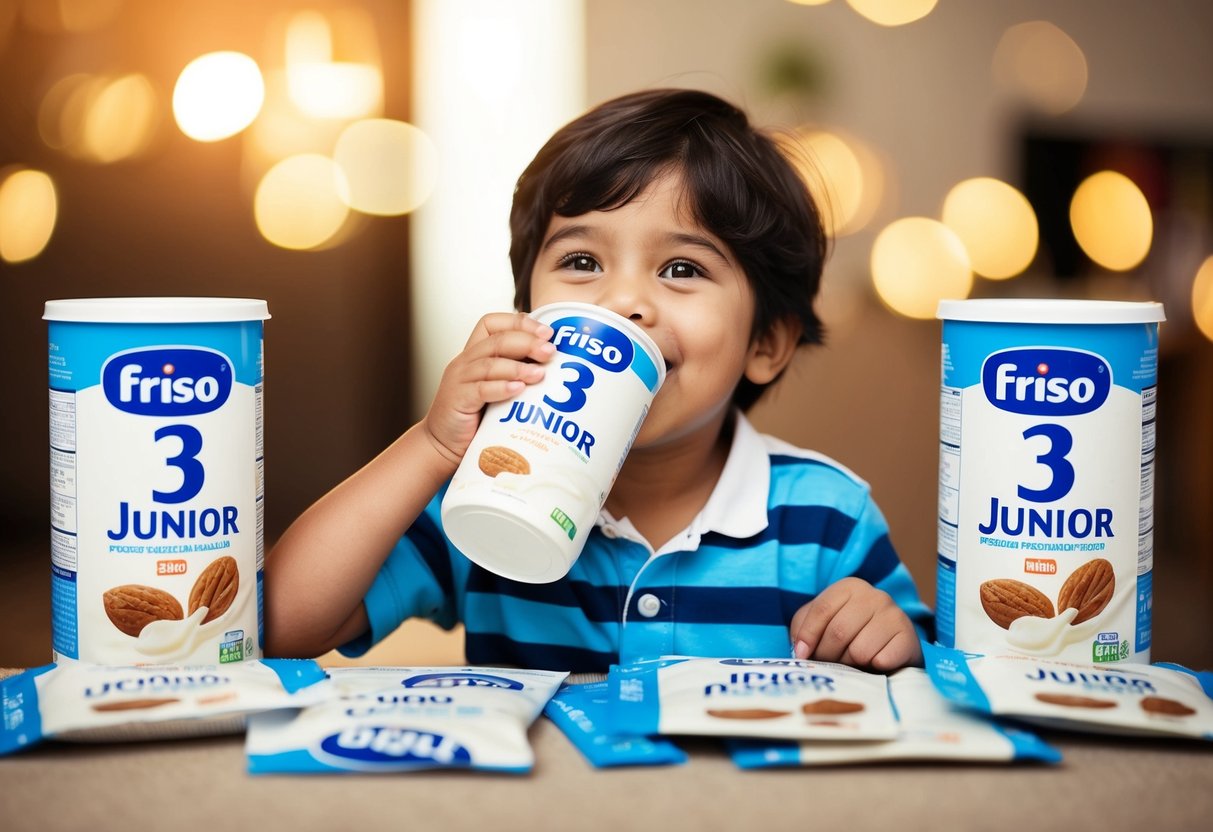 A happy child drinking Friso 3 Junior Milk Powder while surrounded by promotional materials