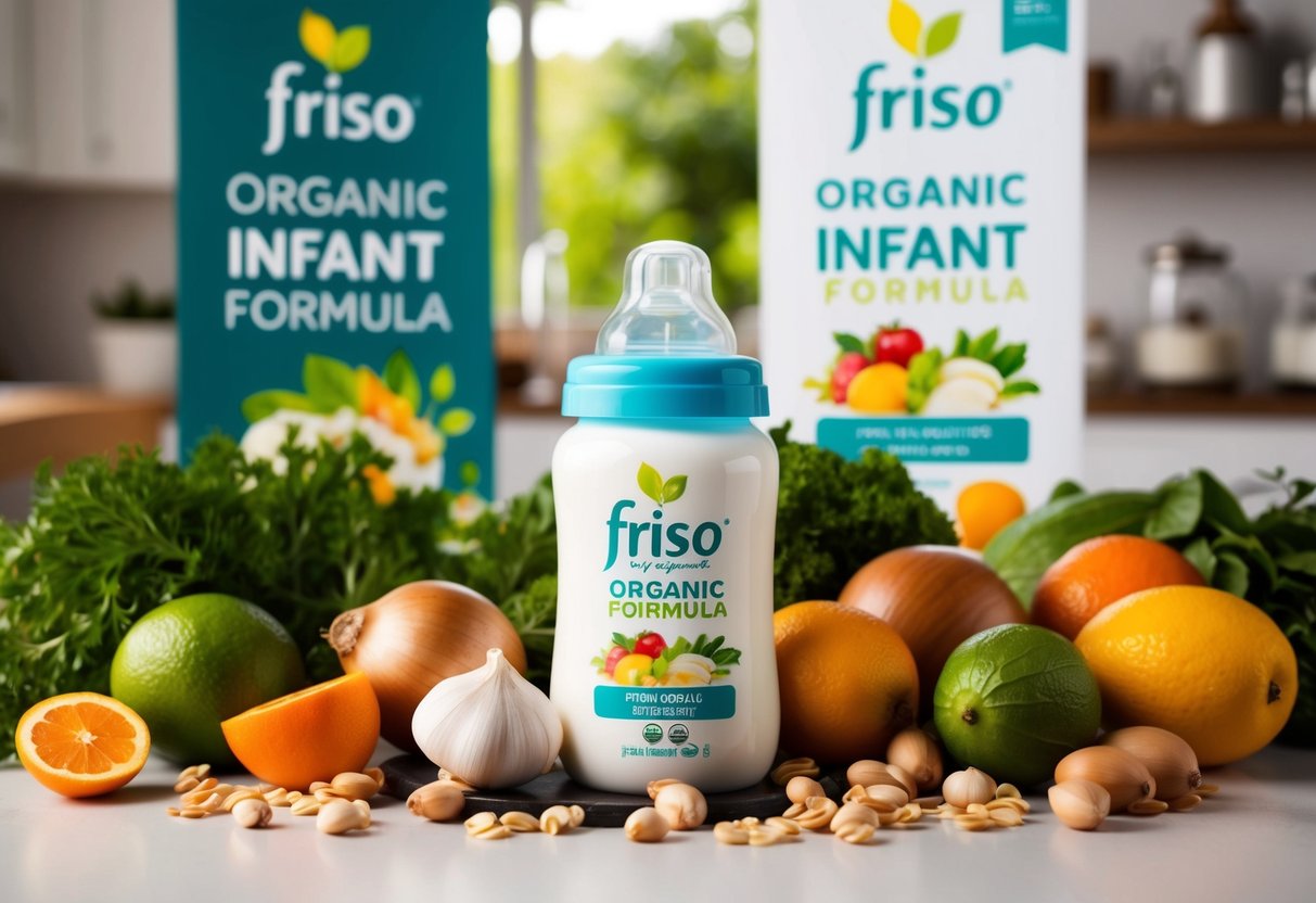 A baby bottle surrounded by fresh, organic ingredients and a promotional banner for Friso Organic Infant Formula