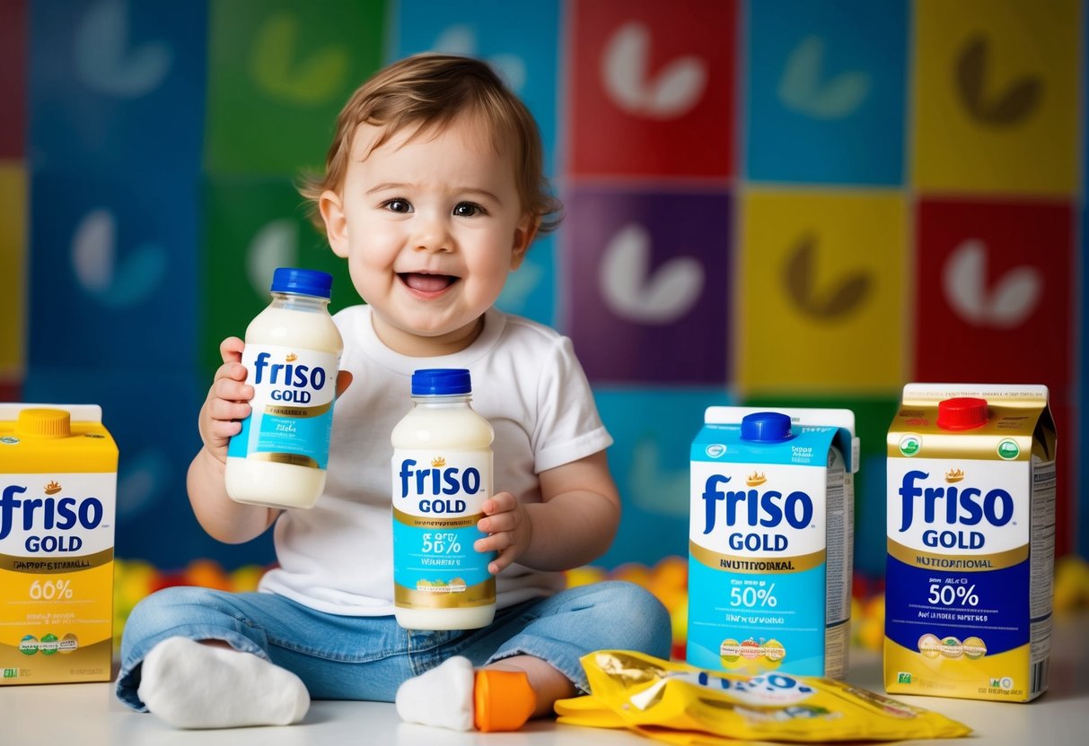 A happy toddler holding a bottle of Friso Gold Nutritional Milk surrounded by colorful promotional materials