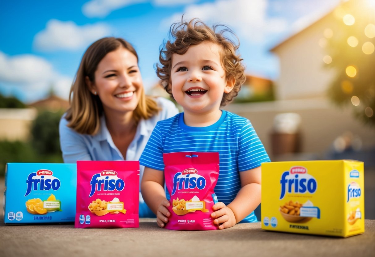 A cheerful child surrounded by Friso product packages, with a smiling parent looking on. Sunny, welcoming atmosphere with Friso branding visible