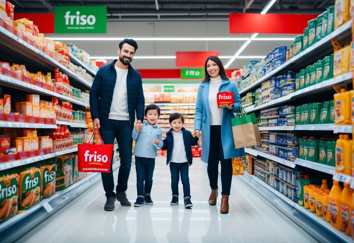 A family happily shops for Friso products on sale in a well-stocked supermarket aisle