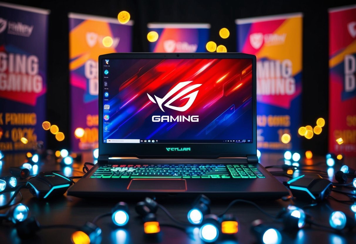 A gaming laptop surrounded by colorful promotional banners and flashing lights