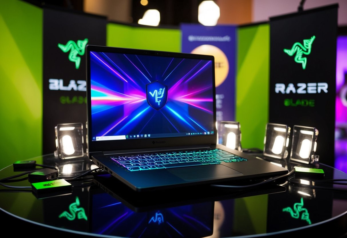A sleek Razer Blade 14 gaming laptop displayed with vibrant graphics and surrounded by promotional banners and lights