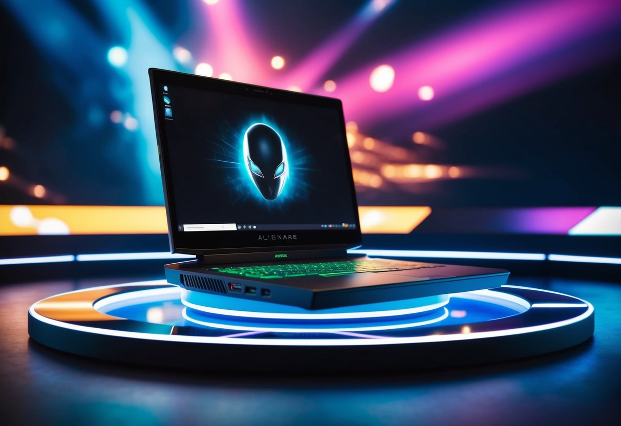A sleek Alienware x17 R2 gaming laptop displayed on a futuristic, illuminated platform with vibrant graphics and dynamic lighting
