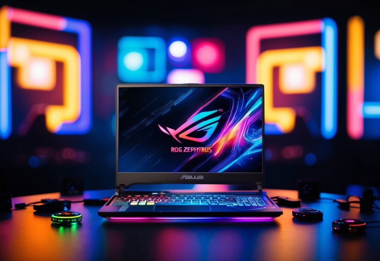 A sleek Asus ROG Zephyrus G14 gaming laptop surrounded by vibrant digital graphics and illuminated by colorful LED lights