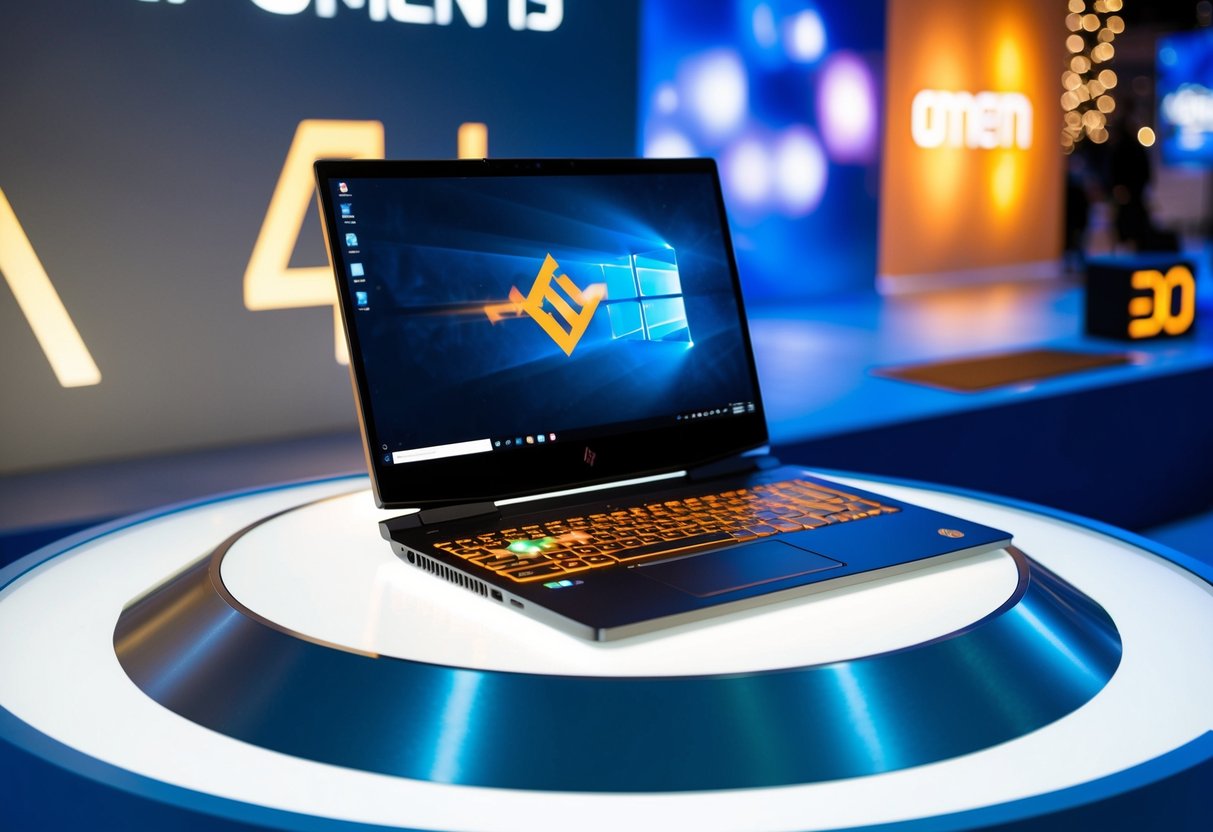 A sleek HP Omen 15 gaming laptop displayed on a futuristic, illuminated platform with promotional graphics and lights