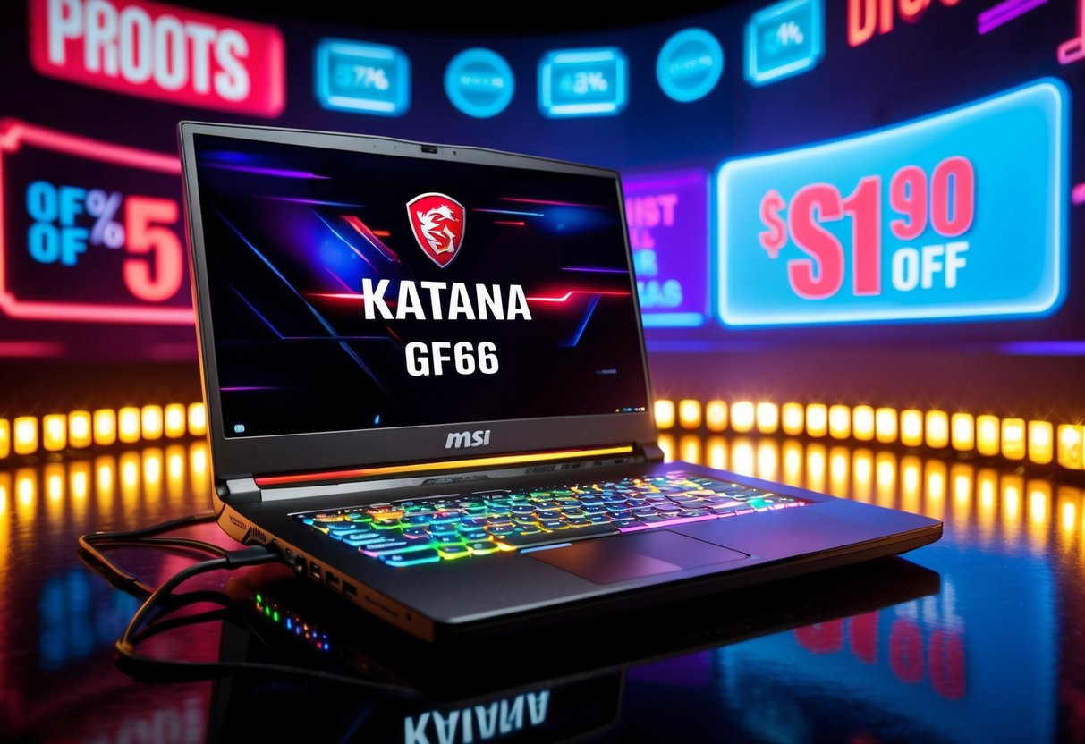 A sleek MSI Katana GF66 gaming laptop surrounded by vibrant digital graphics and glowing neon lights, showcasing promotional offers and discounts
