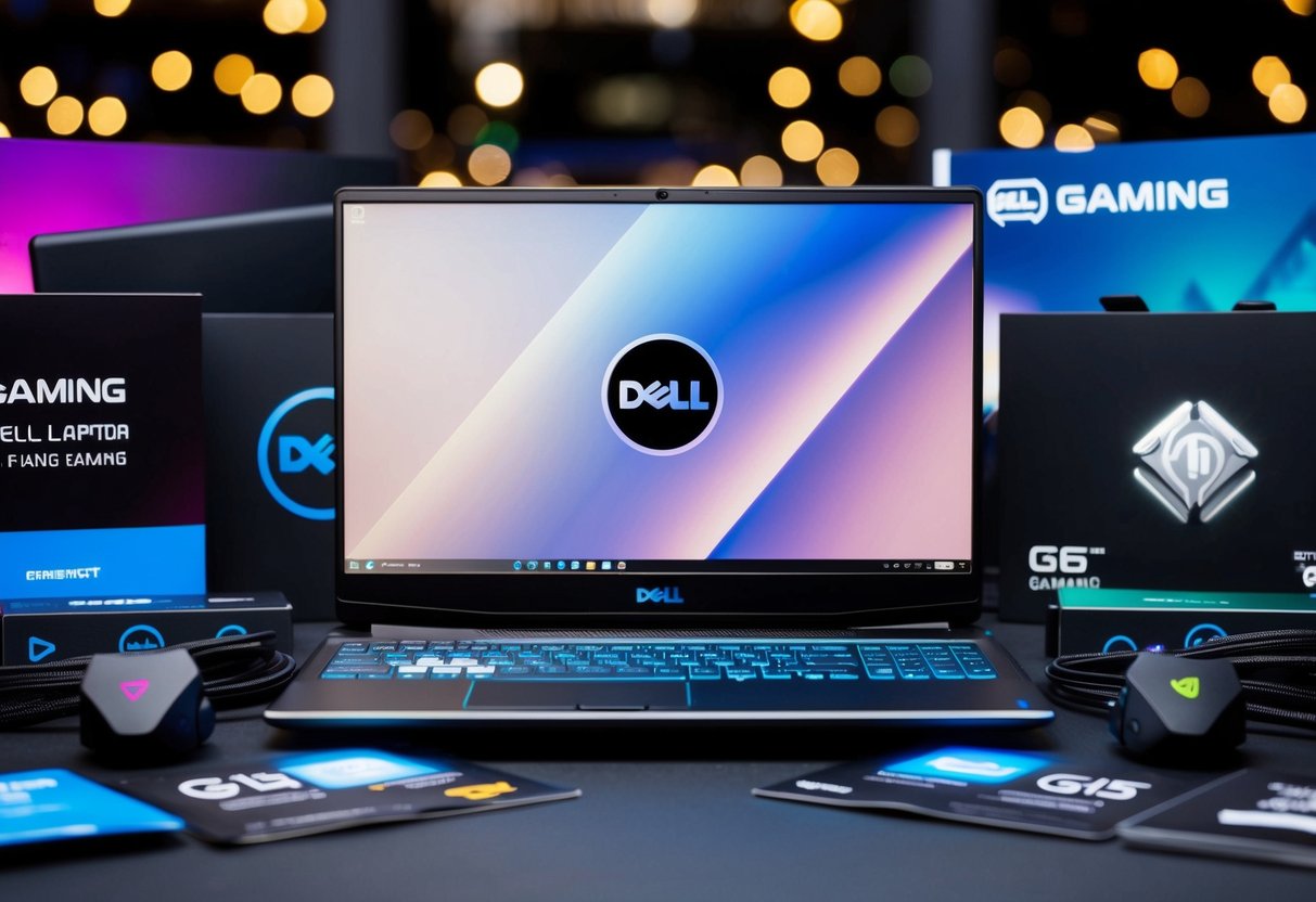 A sleek Dell G15 Gaming Laptop surrounded by gaming accessories and promotional materials