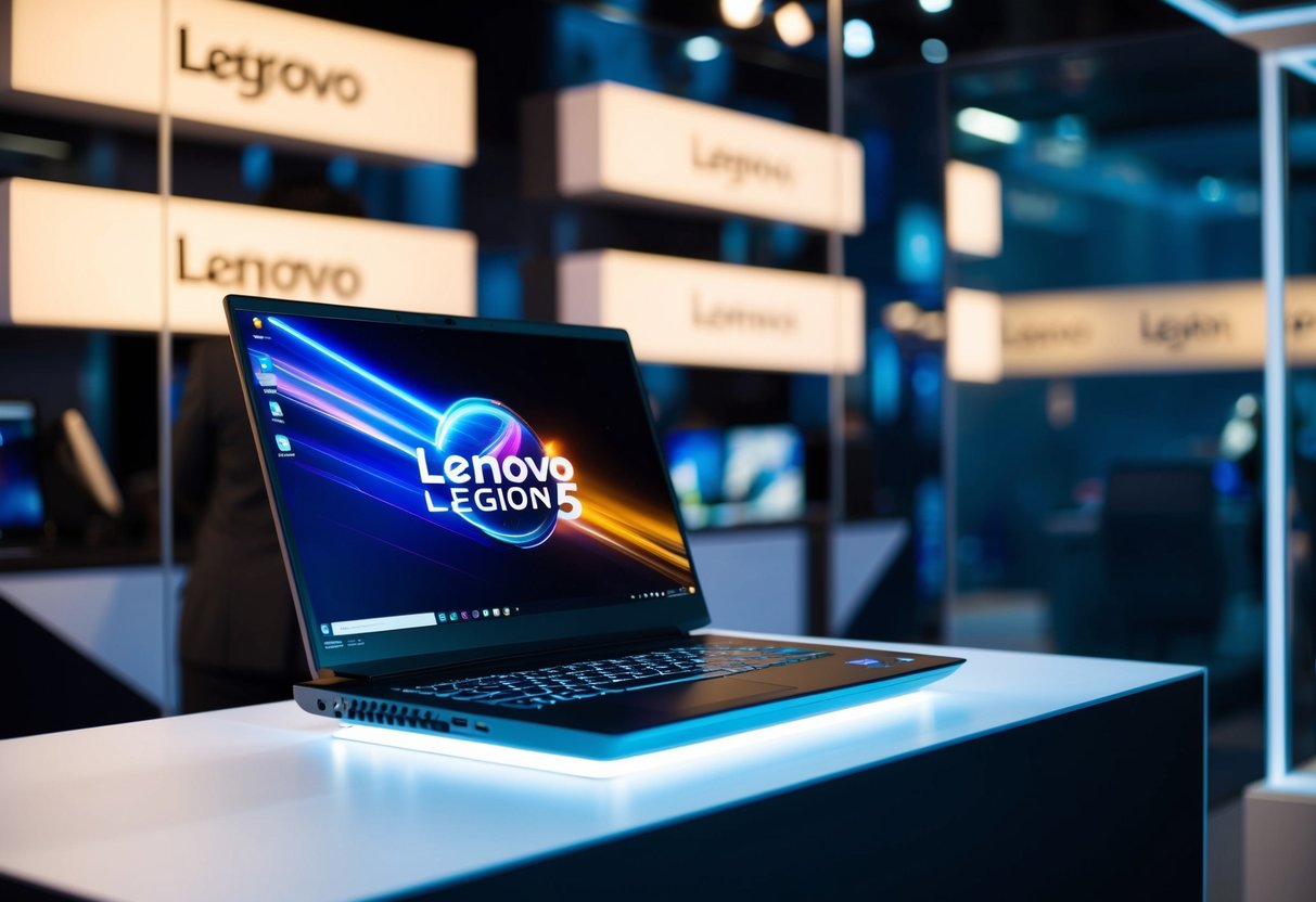 A sleek Lenovo Legion 5 Pro gaming laptop is displayed on a futuristic, illuminated promotional stand