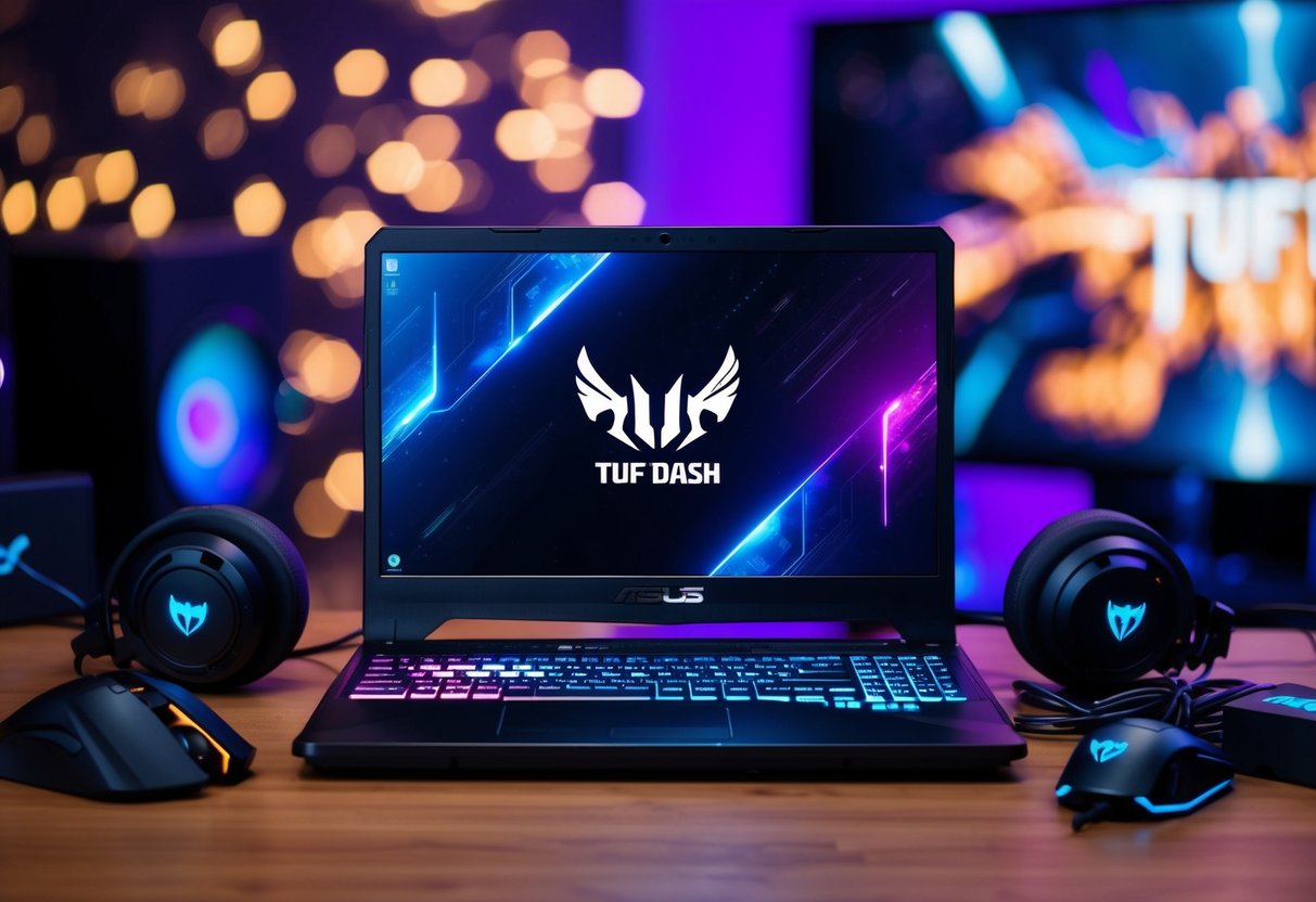 A sleek Asus TUF Dash F15 gaming laptop displayed with vibrant graphics and surrounded by gaming accessories