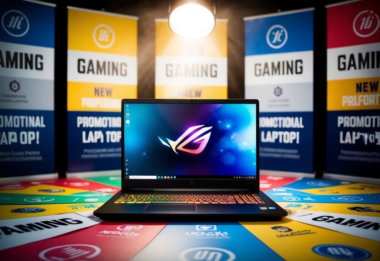 A gaming laptop surrounded by colorful promotional banners and logos, with a spotlight shining on it
