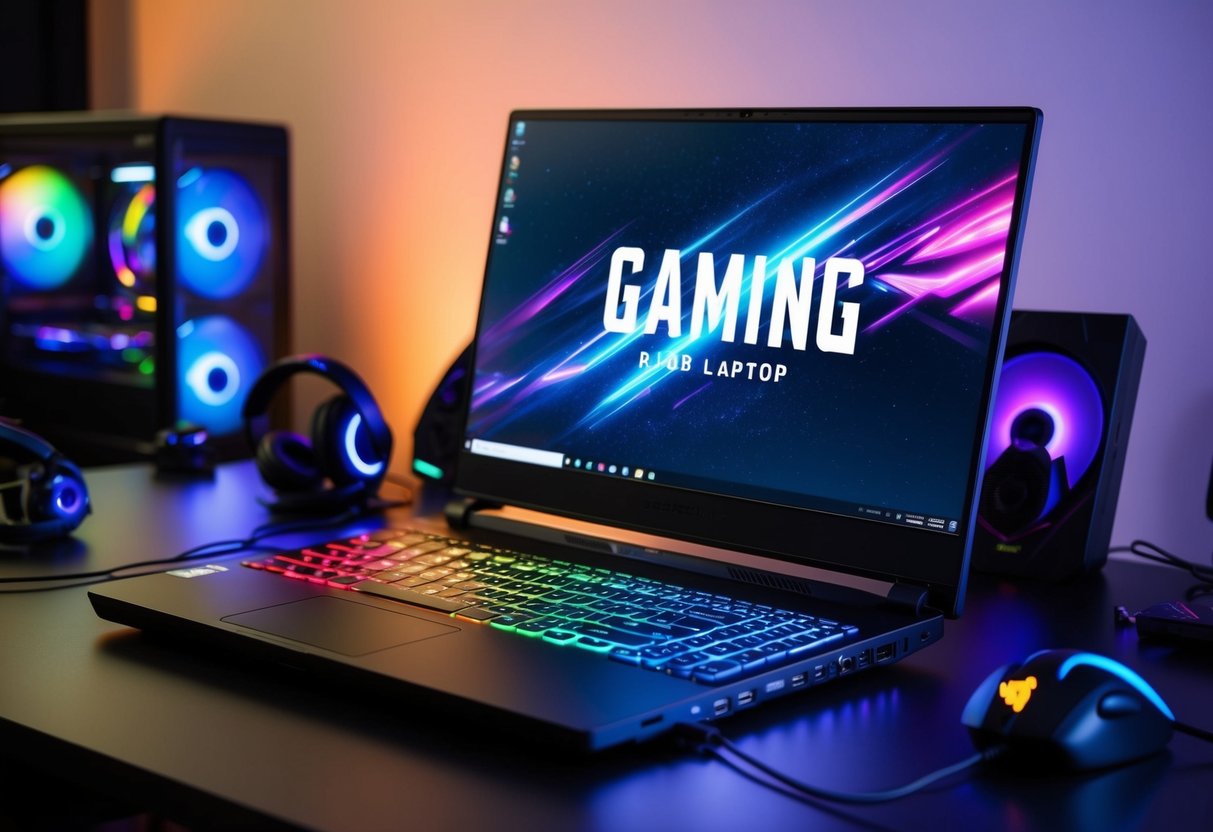 A gaming laptop with customizable RGB keyboard, high refresh rate display, and powerful graphics card on a desk surrounded by gaming peripherals