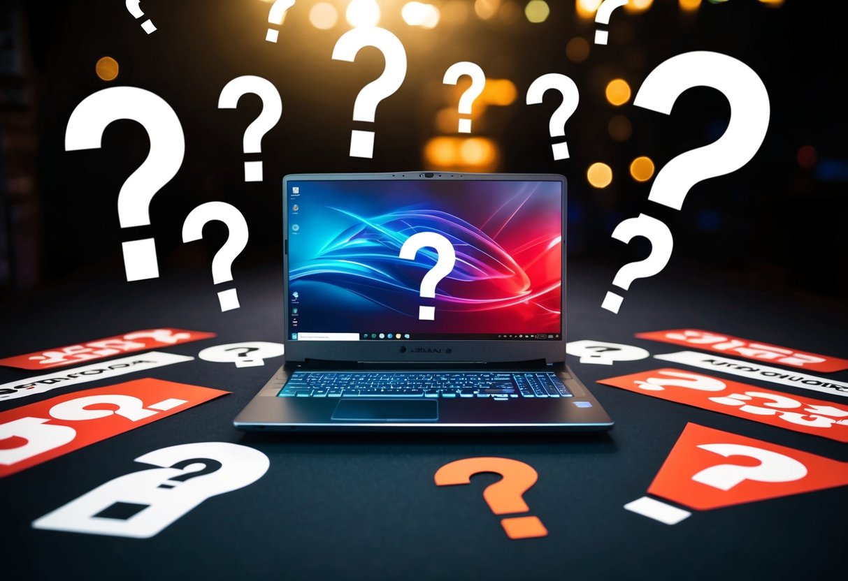 A gaming laptop surrounded by question marks and promotional banners