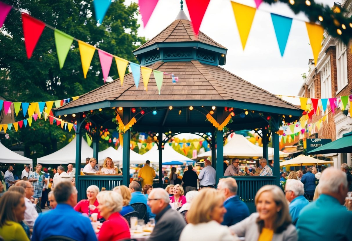 A gazebo adorned with colorful banners and festive decorations, surrounded by bustling activity and cheerful patrons