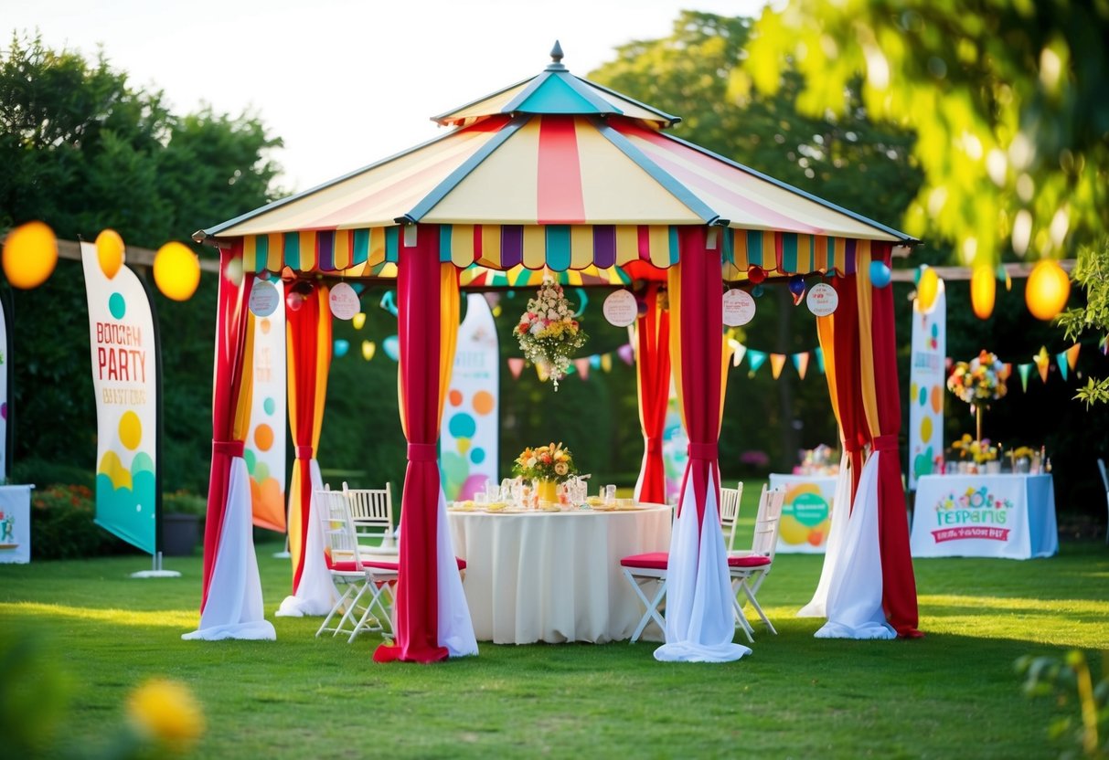 A colorful garden party gazebo with promotional banners and decorations