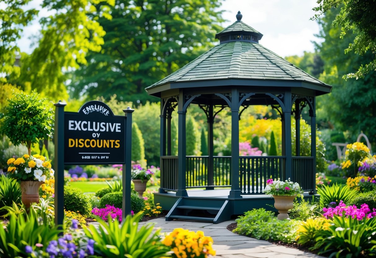 A tranquil garden setting with a stylish gazebo surrounded by lush greenery and colorful flowers, with a sign indicating exclusive discounts